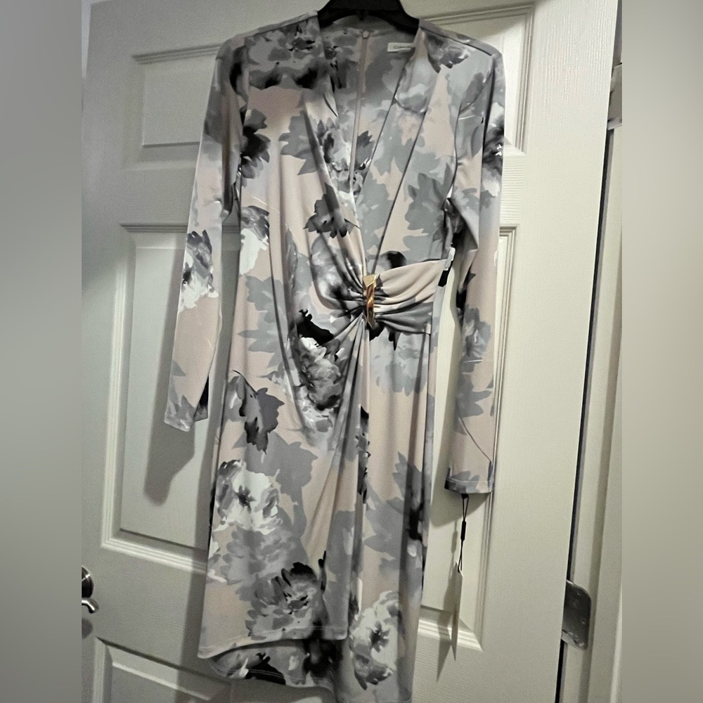 Calvin Klein Gray and Cream Patterned Dress